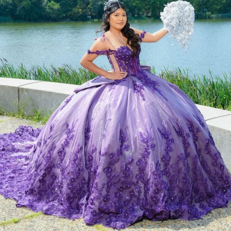 

Shiny Purple Quinceanera Dresses Off the Shoulder Flower Decal Glitter Long tail Bow Vestido De 15 Quinceanera Customize