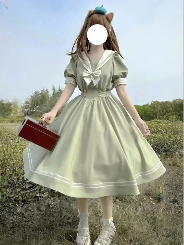 Vestido Lolita Feminino Japonês Retrô com Laço e Gola Marinheiro, Estilo Doce e Fofo, Manga Bufante, Ajustado, para Festas e Estudantes
