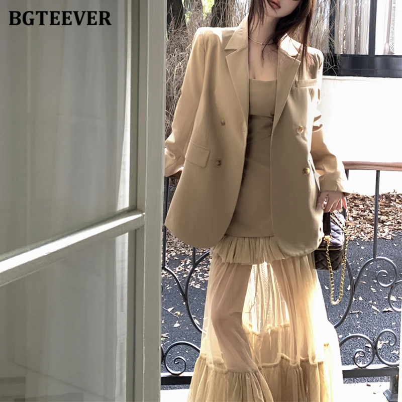 BGTEEVER Autumn Vintage Women Solid Dress Suits Long Sleeve Double Breasted Blazer Jackets & Sleeveless Package Hip Dress