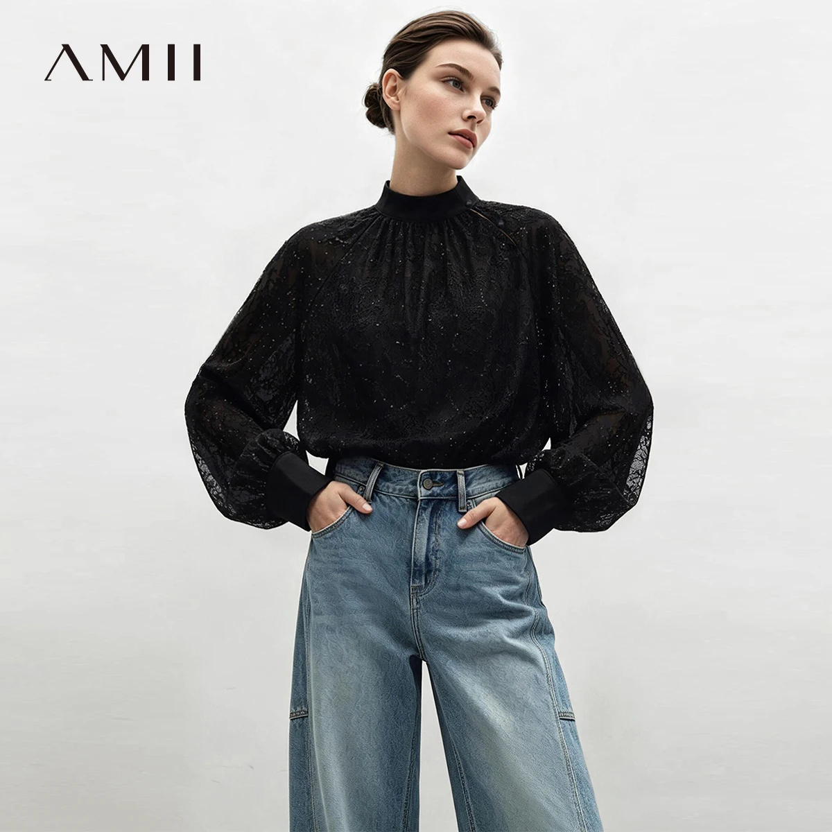 Amii Women Shirt Loose Fit Stand Collar Sequin Lace Raglan Sleeves Casual Office 2026 Autumn New Elegant Women Tops 12643029