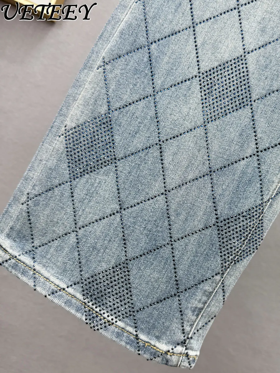 Hot Diamond Denim Wide Leg Pants Women 2025 Spring Summer New High Waist Loose European Station Extended Straight Jeans Pants