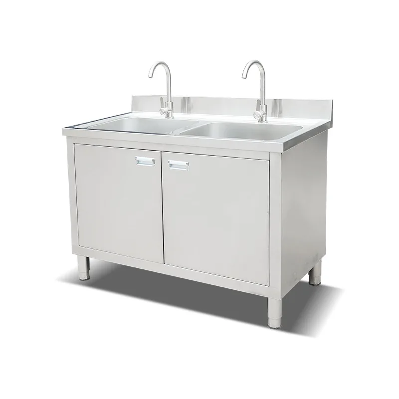 YJQ stainless steel sink cabinet commercial restaurant kitchen stretch thickened single sink sink double door stainless steel