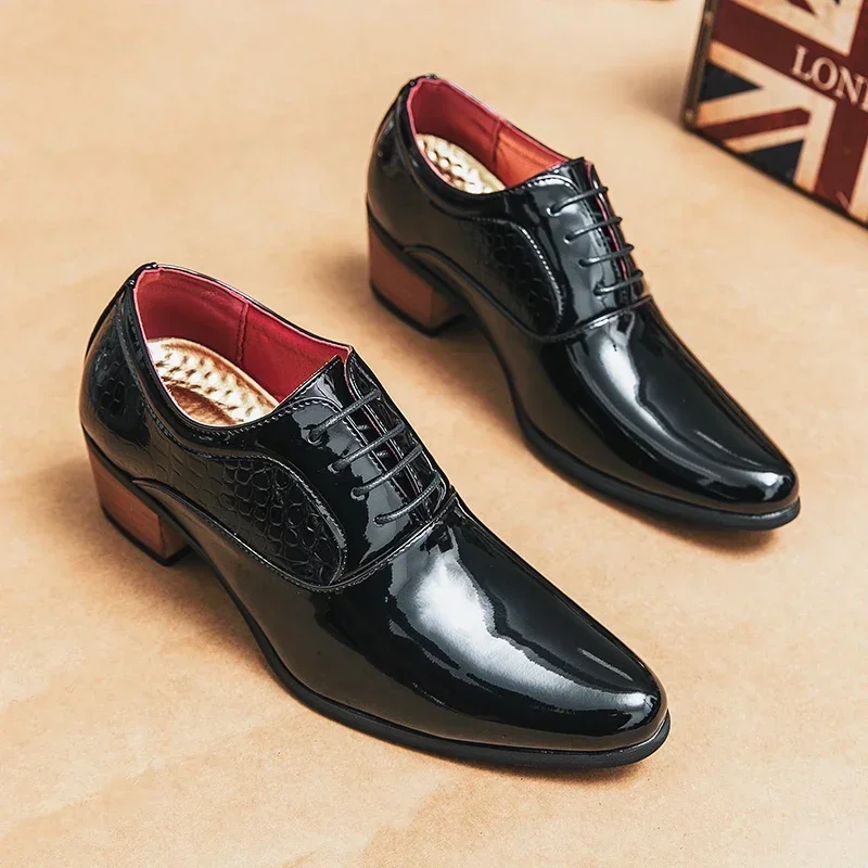 Fashionable New Men's High-heeled Height Increasing Leather Shoes Classic Black Mens Lace Up Pointed Banquet Dance Leather Shoes