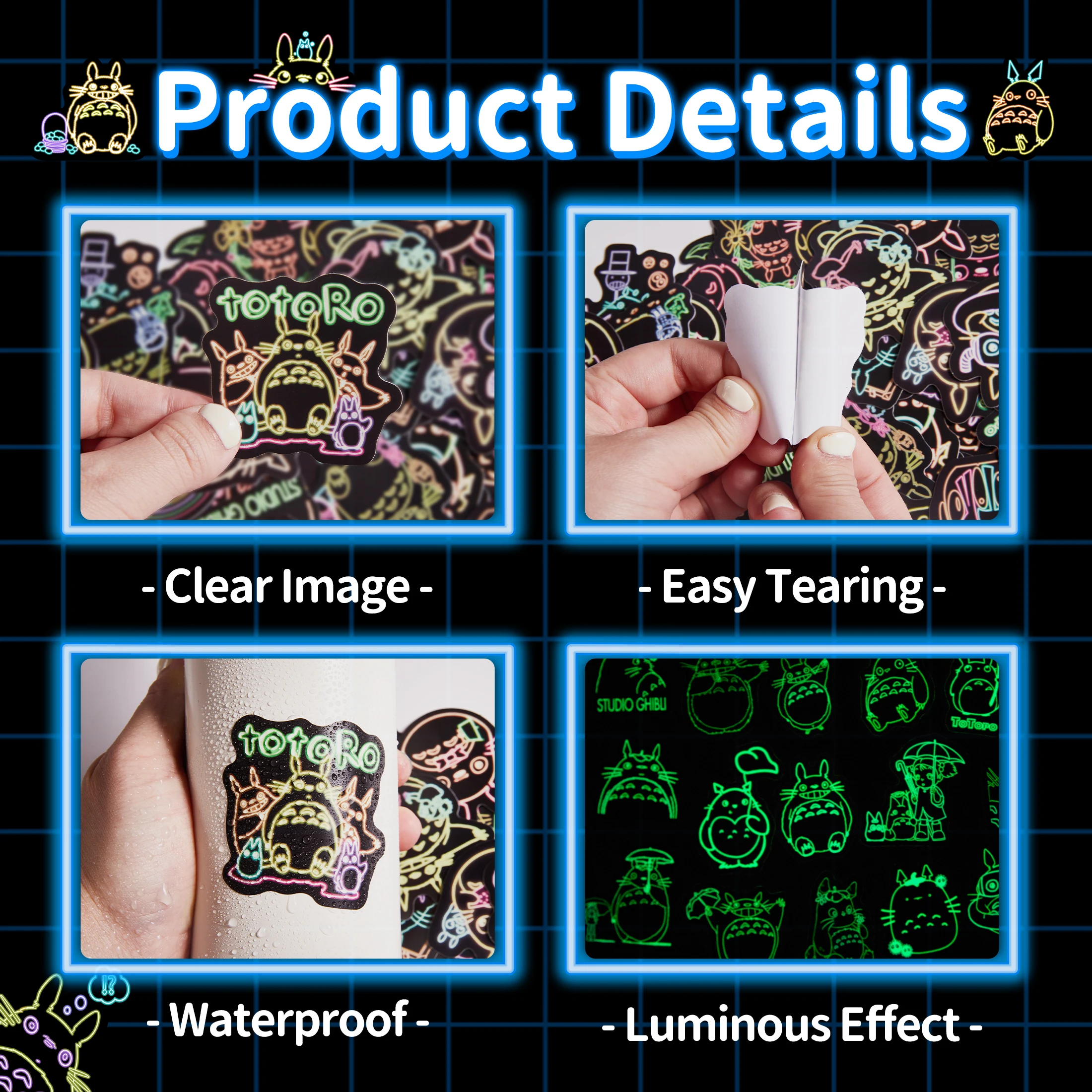 50Pcs Neon Totoro Patterns Glow in the Dark Stickers Vinyl Waterproof Decals Phone Case Computer Decoration for Kids Teens DIY