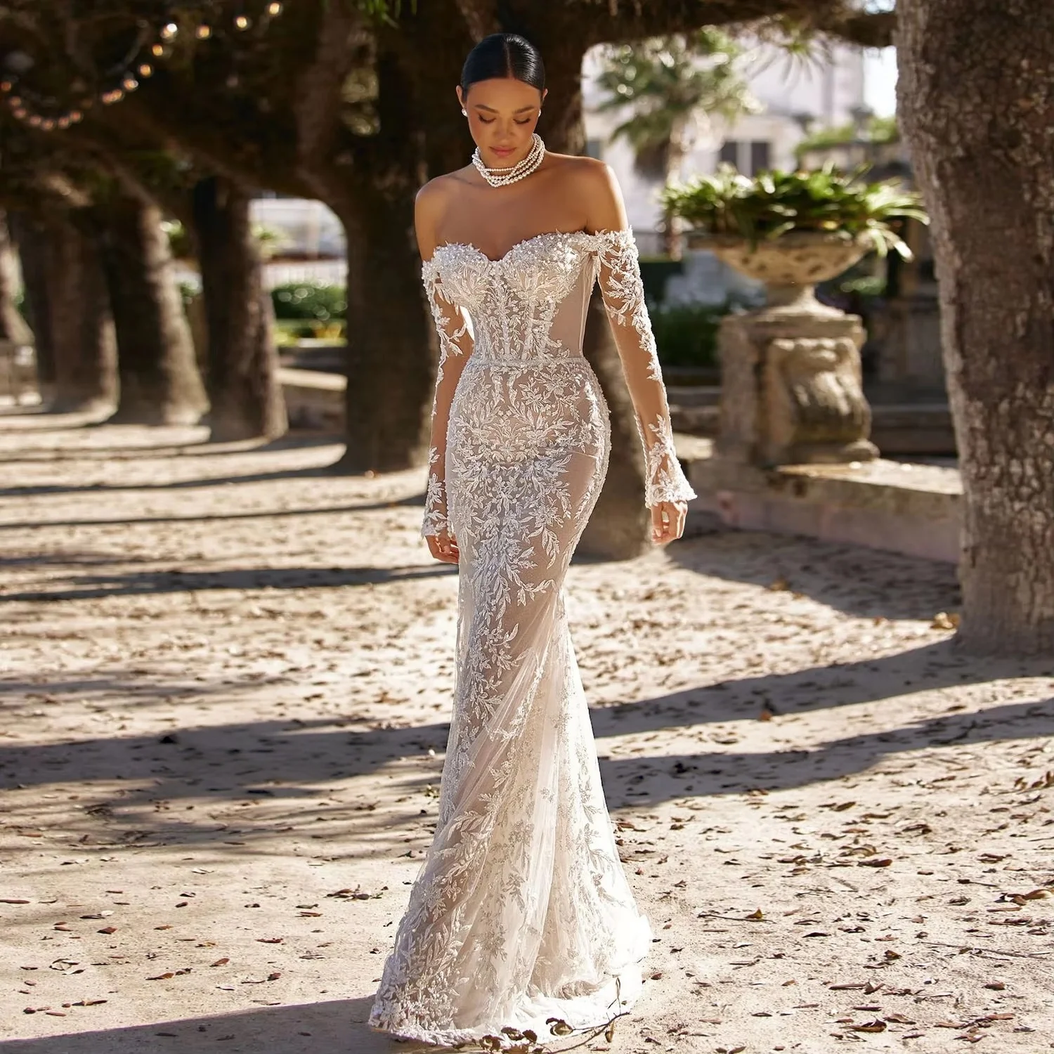 Off Shoulder Long Sleeve Sweetheart Neck Full Shiny Beads 2 Pieces Mermaid Wedding Dress With Detachable Train