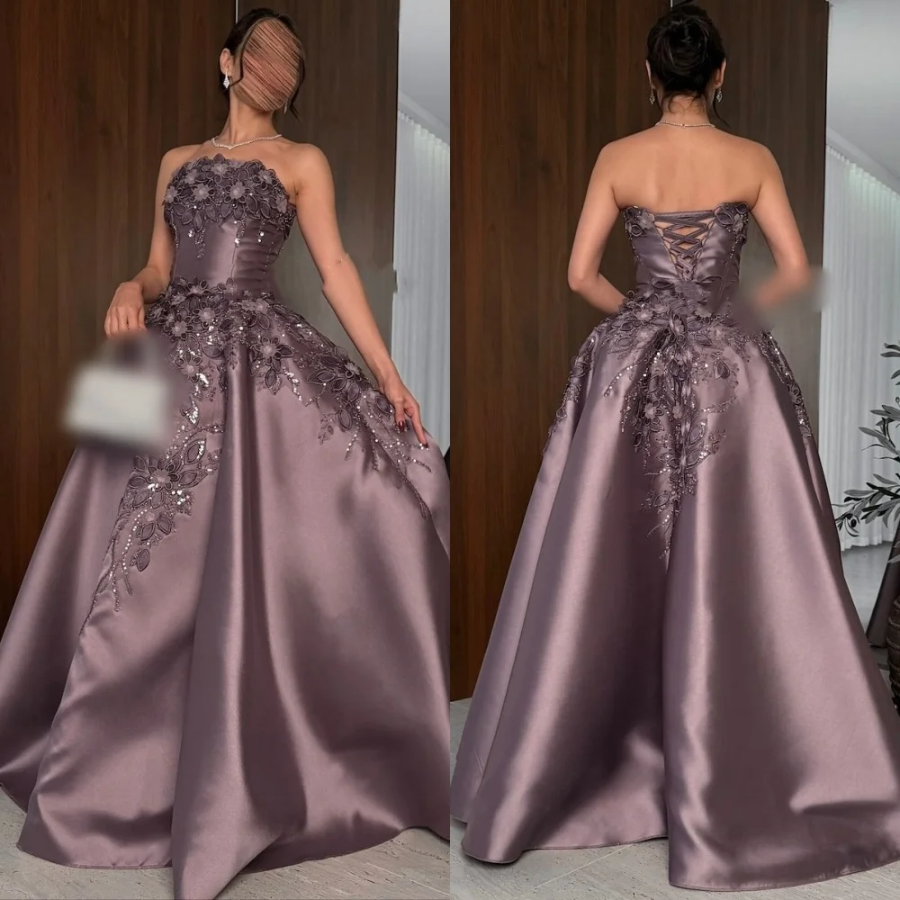 Customized Formal Casual Charmeuse Sequined Flower A-line Strapless Long Dresses Bespoke Occasion Sexy