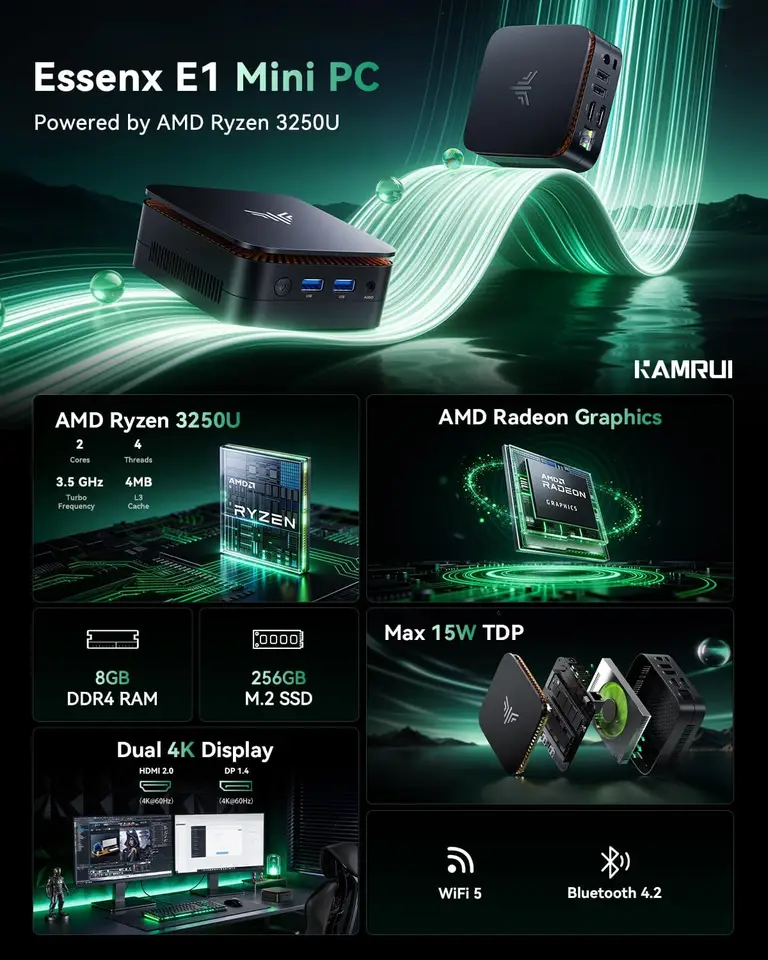 KAMRUI E1ミニPC Windows11pro AMD Ryzen 3 3250U 8GB DDR4 256GB M.2