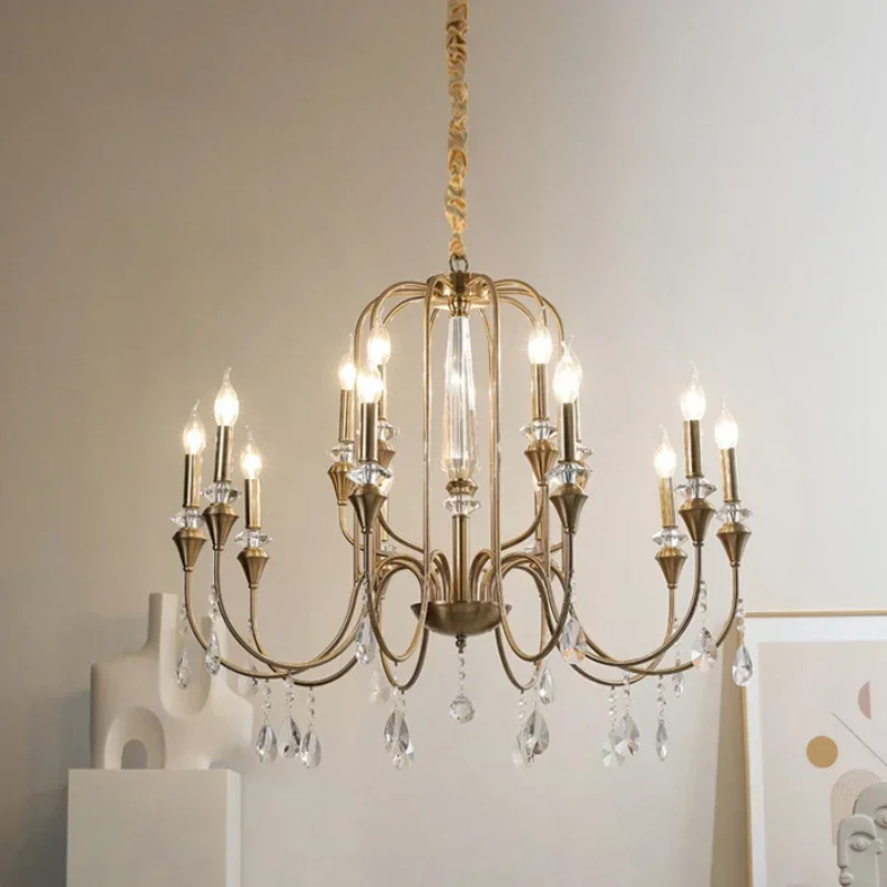 Nordic Lamps Palace Hall Copper Crystal Chandelier Bedroom Kitchen Simple And Light Luxury Style Golden Candle Pendant LED