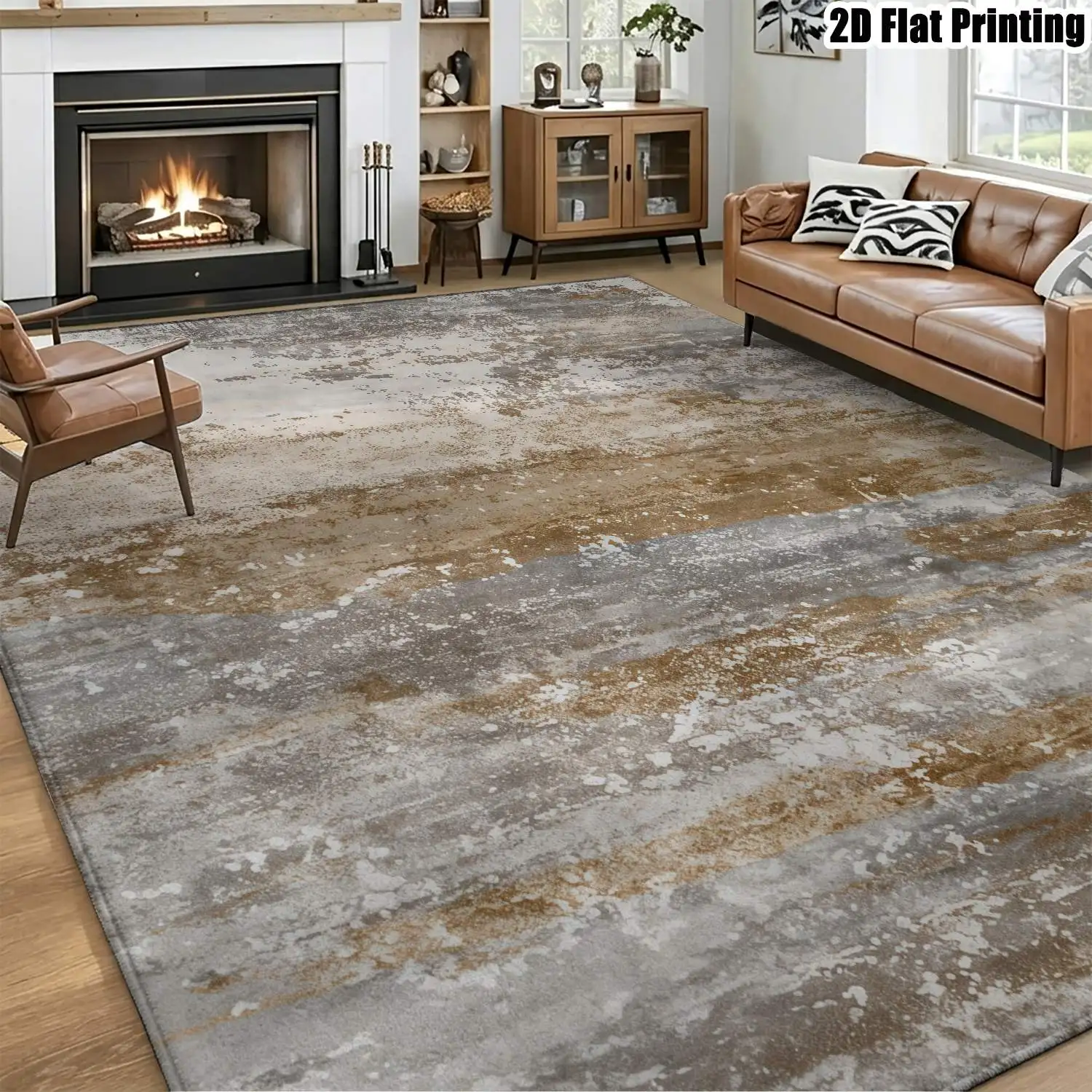 1Pc 2D Printed Carpet: Gray-Brown Abstract Art Patterns, Nordic/Modern Minimalist/European/Vintage Style, Multi-Size, Machine Washable, for Living Room, Bedroom, Dining Room, Entrance, Study, Home Decor