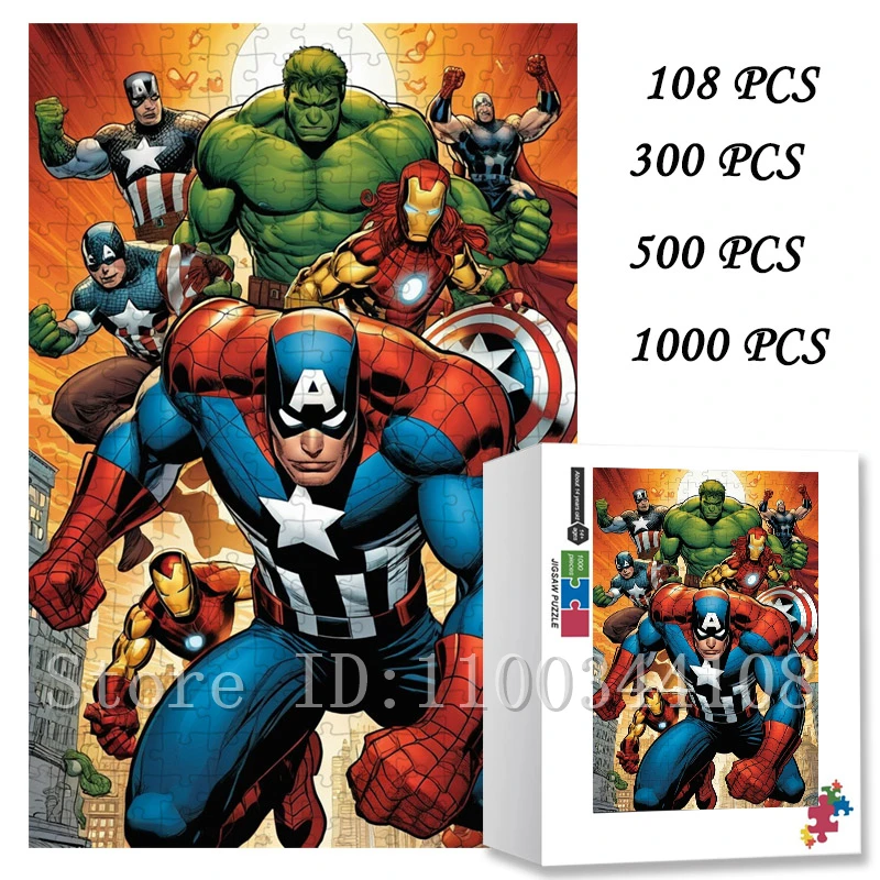 

Пазлы с супергероями Marvel, 108/300/500/1000 шт., фигурки комиксов Диснея, головоломки, интерактивные игры для родителей и детей, игрушки