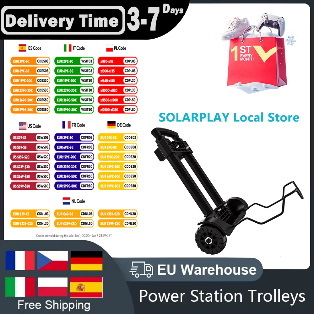 SOLARPLAY Hand Trolley for Portable Power Station Support Up to 50 lbs Adjustable Handle Flat Wheel Spinning Trolley Lightweight