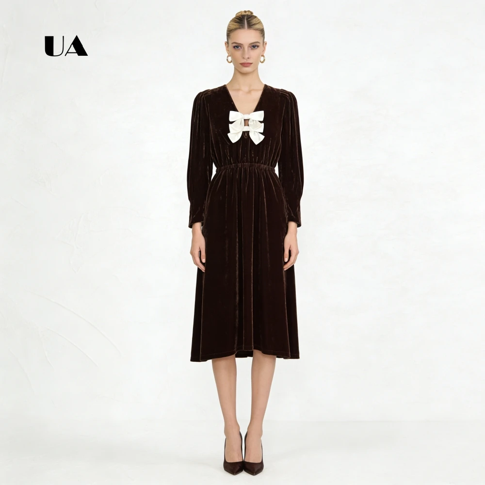 ULBYANRY Elegant Velvet Prom Dress with Lantern Sleeves, Solid Deep V-neck Evening Dress with Satin Bows, Customized Party Gown