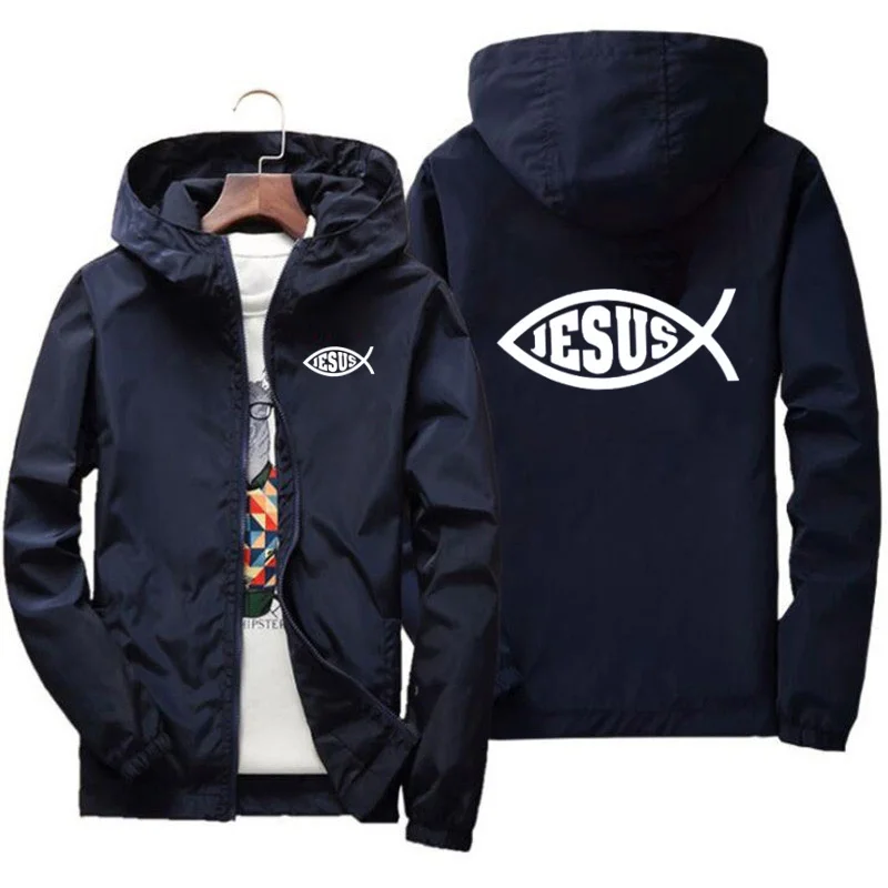 

New Spring And Autumn Male New Fashion Casual Jesus Fish Christ Printing Windbreaker Hooded Zipper Coats Jackets For Men Tops
