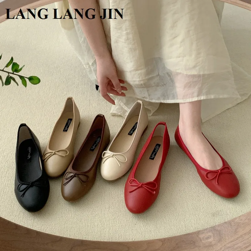 2023 Fashion Women Flats Ballet Shoes Round Toe Soft Moccasins Flat Ballerinas Shallow Bow Knot Female Casual Loafers Size 35-40