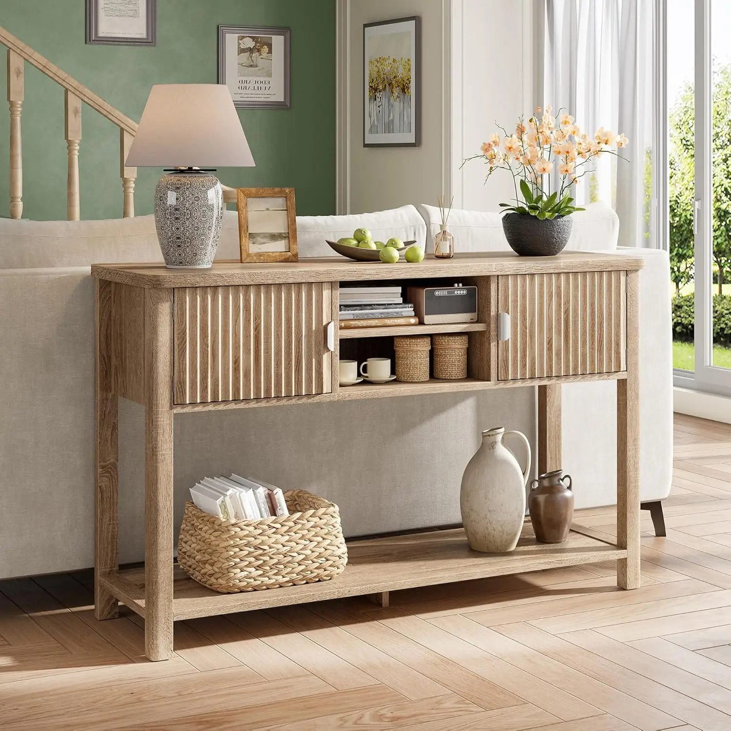 Console Table with 2 Doors & 8 Shelves, Fluted Wood Frame, Open & Concealed Storage for Living Room, 45.7
