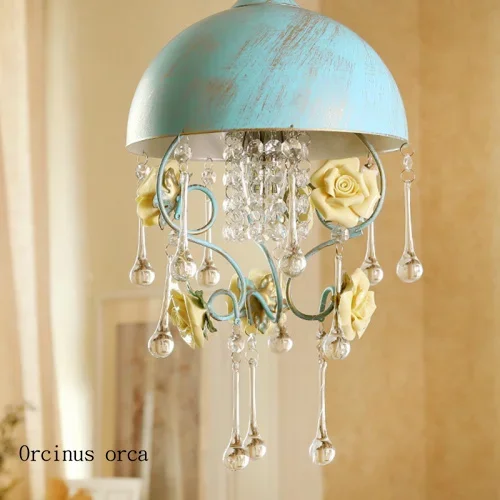 

French garden chandelier single head flower blue Mediterranean bar tea restaurant lamp bedroom children's room crystal lamp