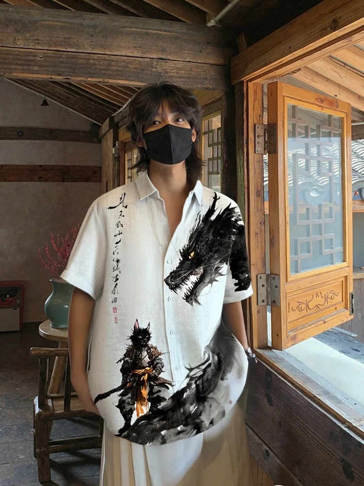 Men's Cat Warrior And Dragon Duel Ink Painting Art Print Short Sleeve Shirt Casual Loose Holiday Lapel White Harajuku Boho Tunic