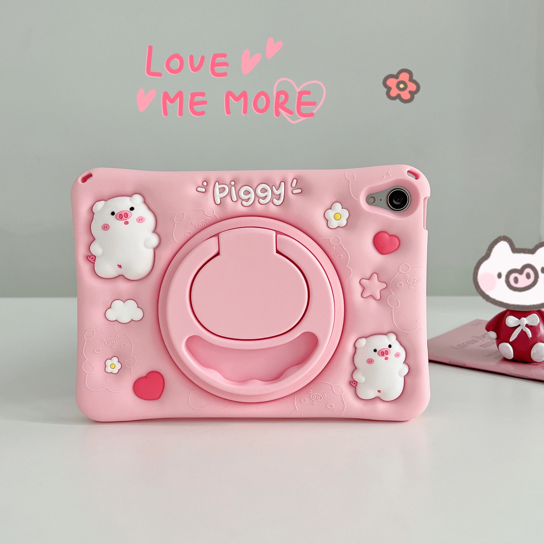 

Adorable 3D Cartoon Pig Soft Silicone Tablet Case For IPad 9 8 th Air 10.9inch Pro11 inch mini6 7 360-degree rotating stand case