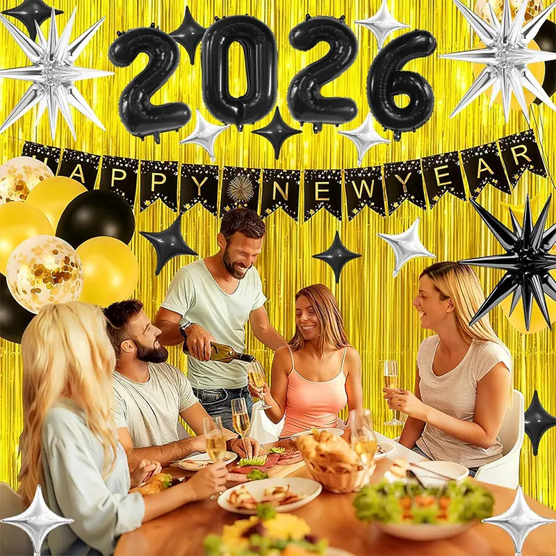 9 teile/satz 2026 Neue Jahr Party Folien Ballon Frohes Neues Jahr Banner Eve Schwarz Silber Neue Jahr Party Supplie Air Globos dekoration