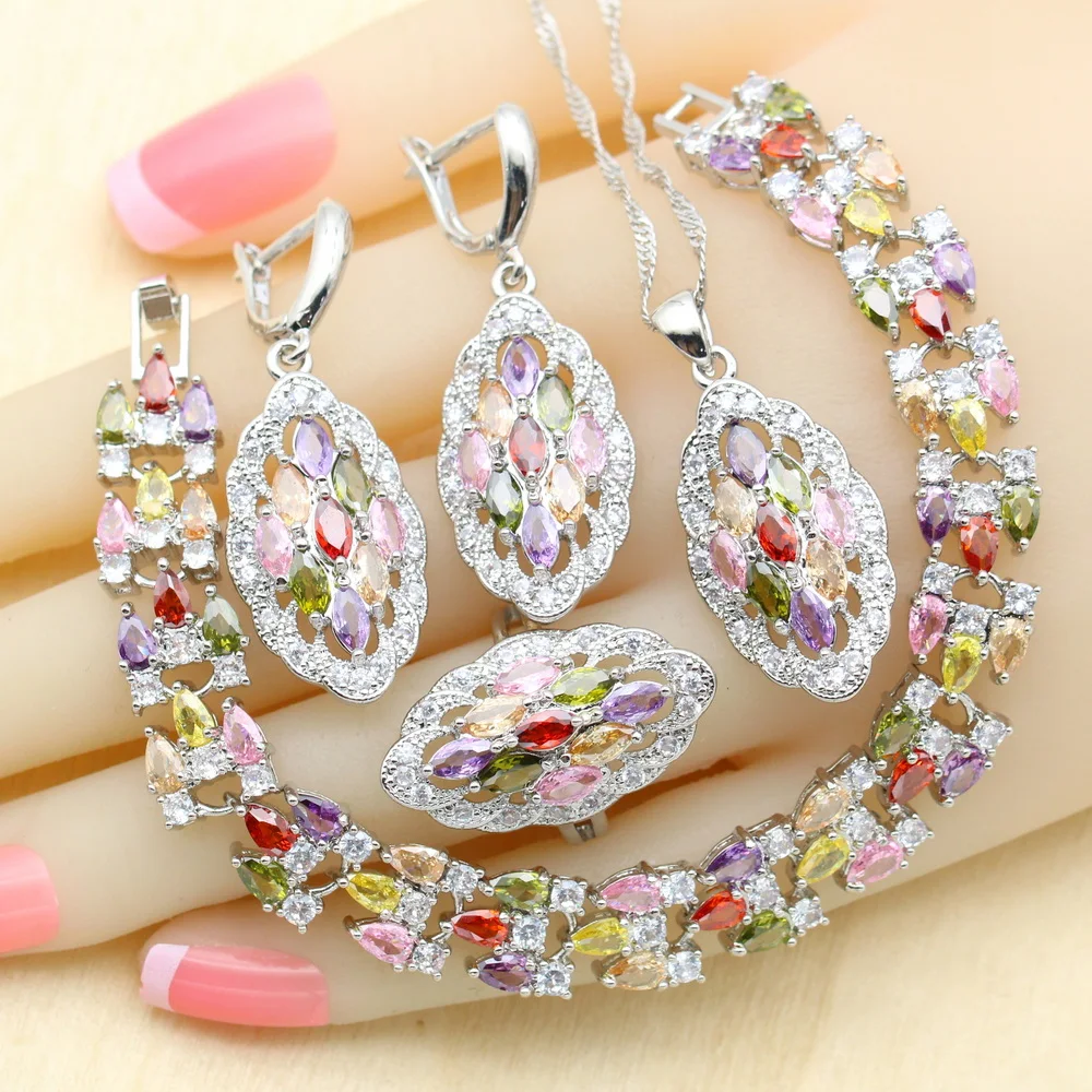 luxury Multicolor Zirconia 925 Silver Jewelry Sets for Women Wedding Earrings Bracelet Rings Necklace Pendant Best Gift