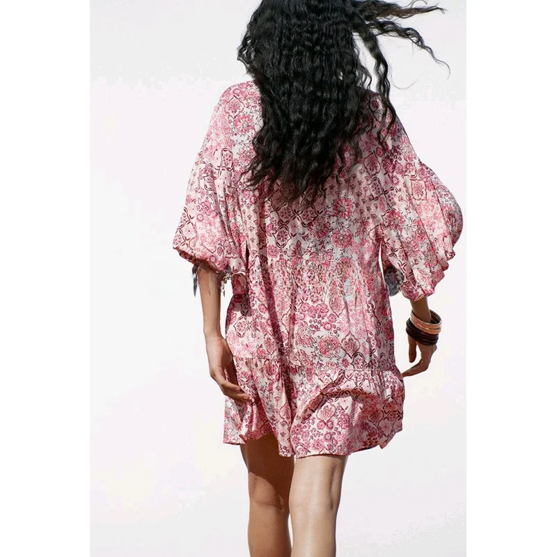 Vestido f de verão, novo, em camadas, com decote em V, manga bufante estampada,  vestido casual, cintura solta, fi...