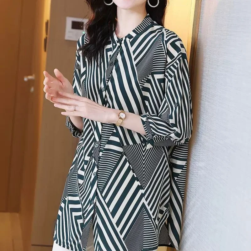 Summer Women 3/4 Sleeve Stripe Chiffon Shirts Button Fashion Simple Versatile Commuter Elegant Casual Mid Length Loose Blouses