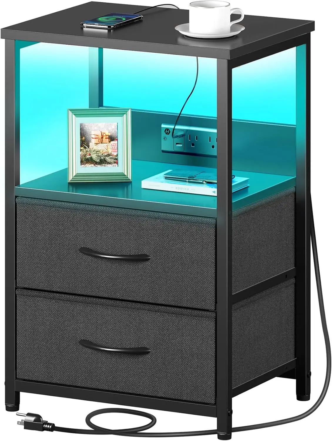 Nightstand with Charging Station, Bedside Table with LED Lights, Night Stand , 3-Tier Storage End Table for Bedroom, Black