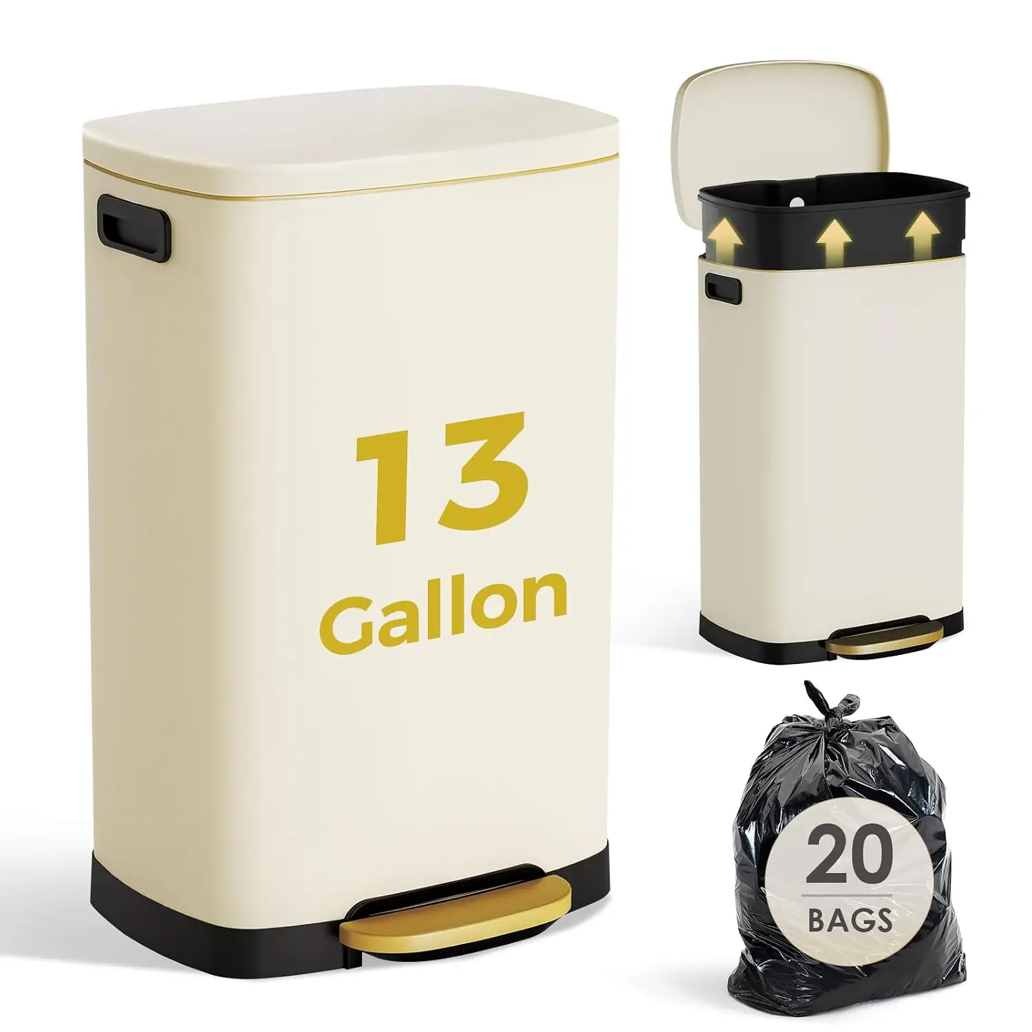 13 Gallon Kitchen Stainless Steel Pedal Trash Can, Soft Close Lid Foot‑Operated Garbage Bin with 20 Trash Bags for Home Office