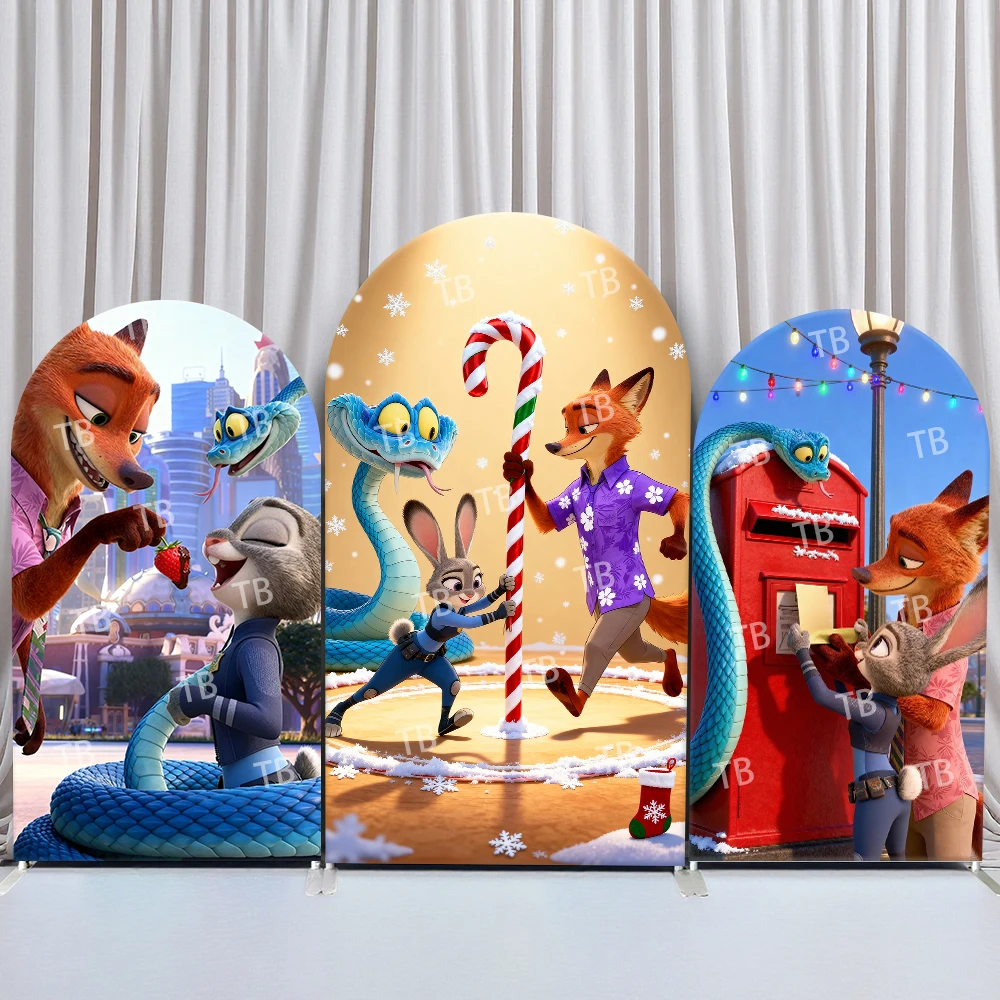 

TB Zootopia Arch Backdrop Cover Christmas Theme with Judy Nick Blue Snake Decor for Kids Birthday and Baby Shower Photo Booth