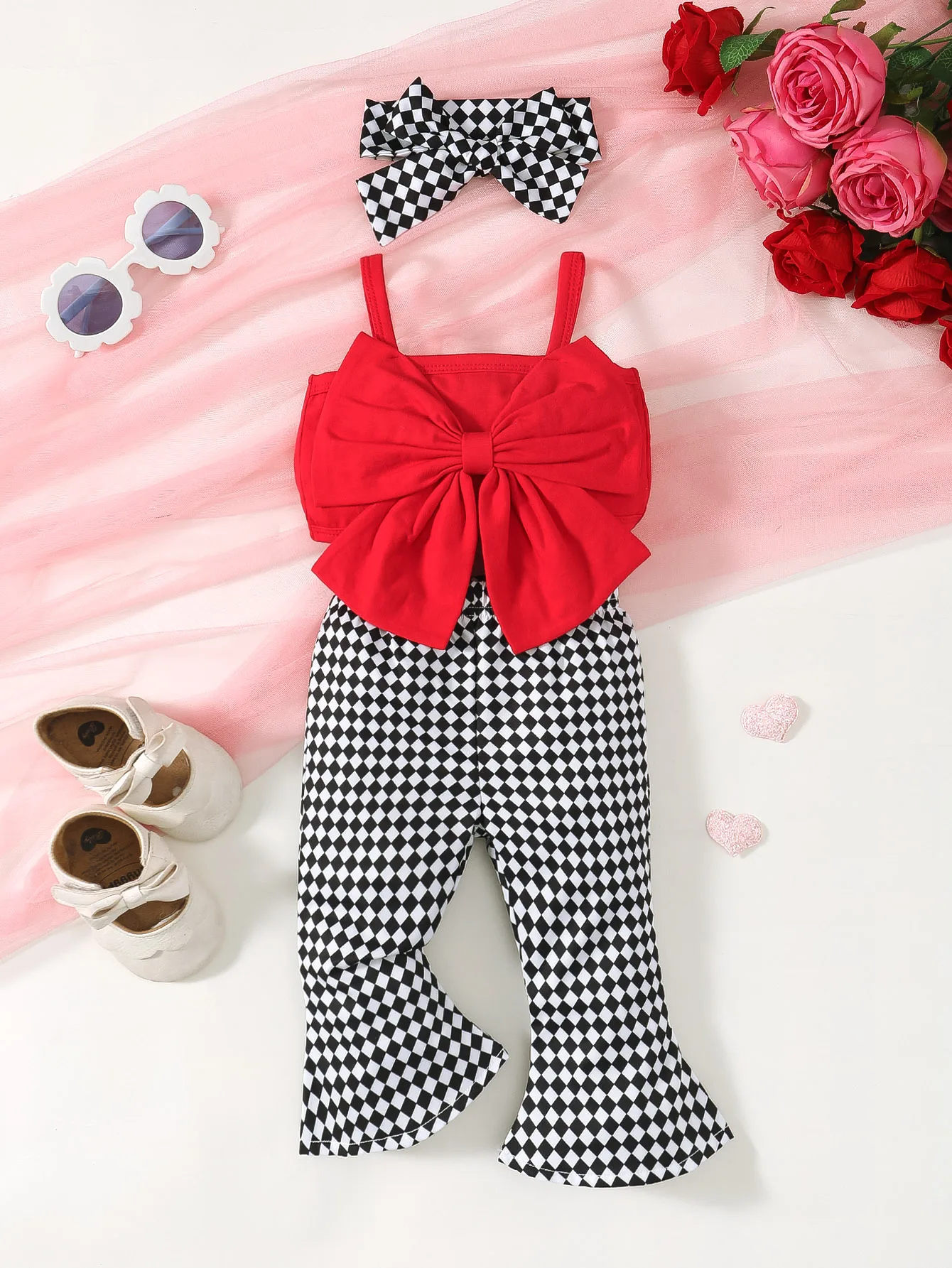 2024 Baby Girl Clothing Set Summer Newborn Baby Girl 3 - 24M Red Bow Strap Top Checkered Print Flared Pants Toddler Outfit