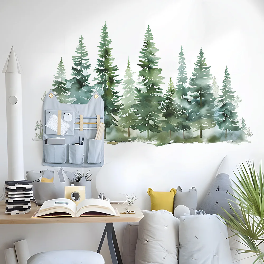 Creative fashion watercolor pine forest bedroom living room background beautification decorative wall stickers sell well