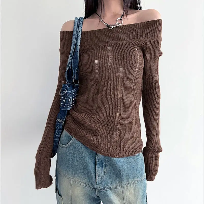 Knit Sweater One Shoulder Off Shoulder Ripped Side Drawstring See Through Slash Neck Solid Sweater For Spring Fall Women’S