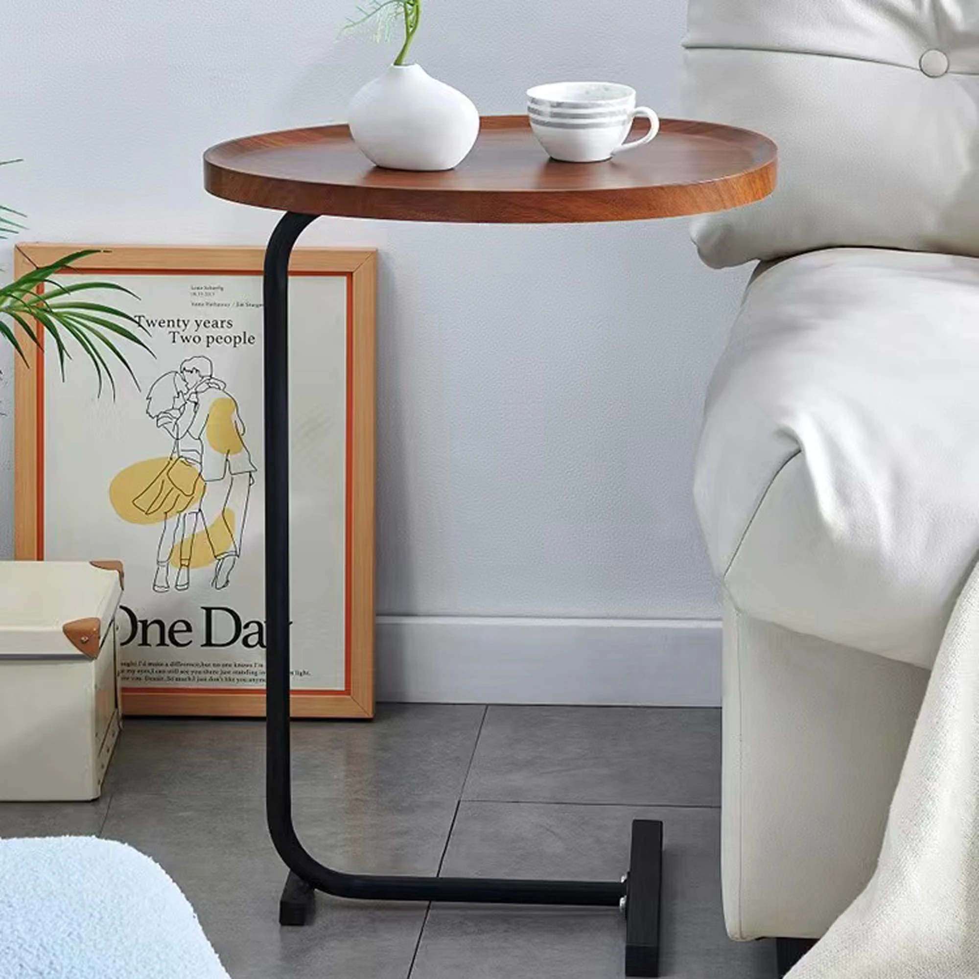 

Brown C-shaped Side Table, Small Sofa Table for Living room