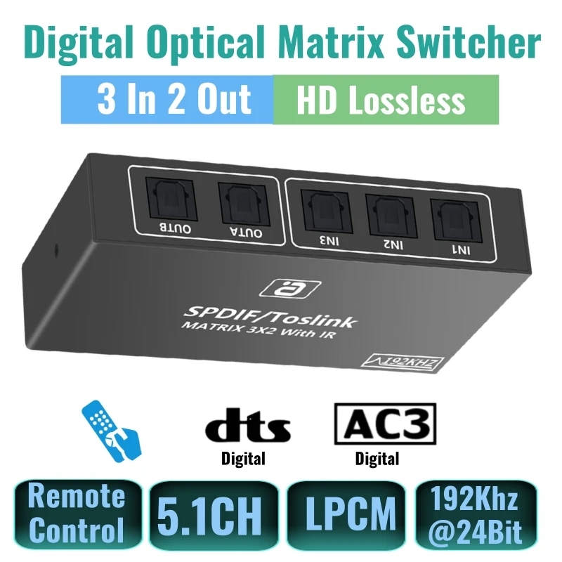 Matrix Switcher 3x2 Toslink SPDIF Splitter 3 In 2Out Support PCM DTS AC3 Adapter Converter For PS4 TV Box PC Amplifier Projector