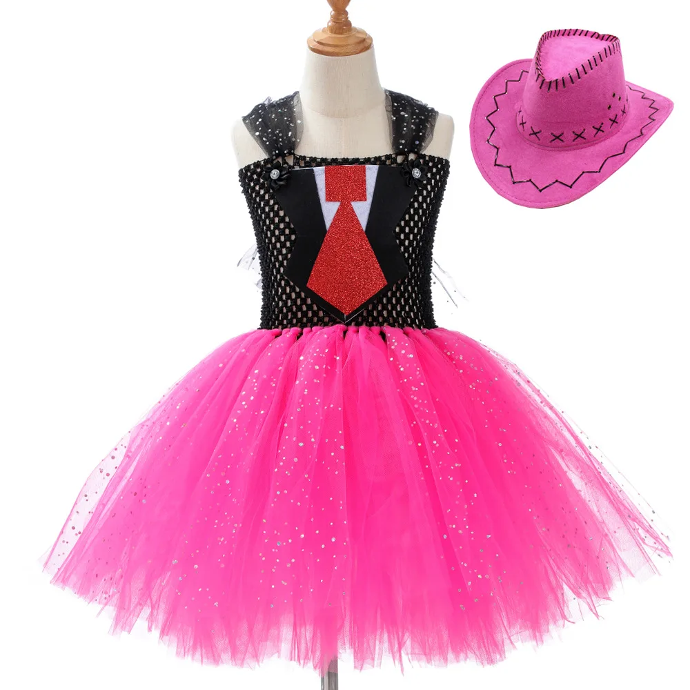 Vintage British Style Princess Style Glitter Tulle Skirt With Pink Hat Set For Halloween Party Stage Performance Dress Up Outfit