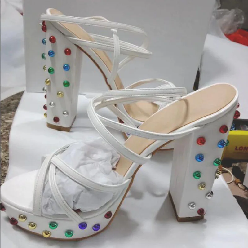 

Real Picture Dot Multicolors Rivets Studs Platform Cross Strap Sandals Peep Toe Chunky High Heel Wedding Shoes Women Sandalias