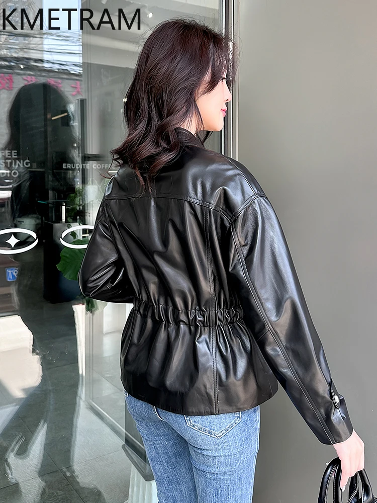 100% Sheepskin Jacket Woman Motorcycle V-neck Black Genuine Leather Jackets New in Outerwears Fall Clothes 2025 Women дубленка