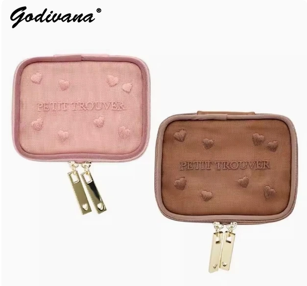 Japanische Ins Liebe Stickerei Mesh Garn Kosmetik Mini Tasche Süße Mädchen frauen Liebe Muster Quadratische Lagerung Taschen