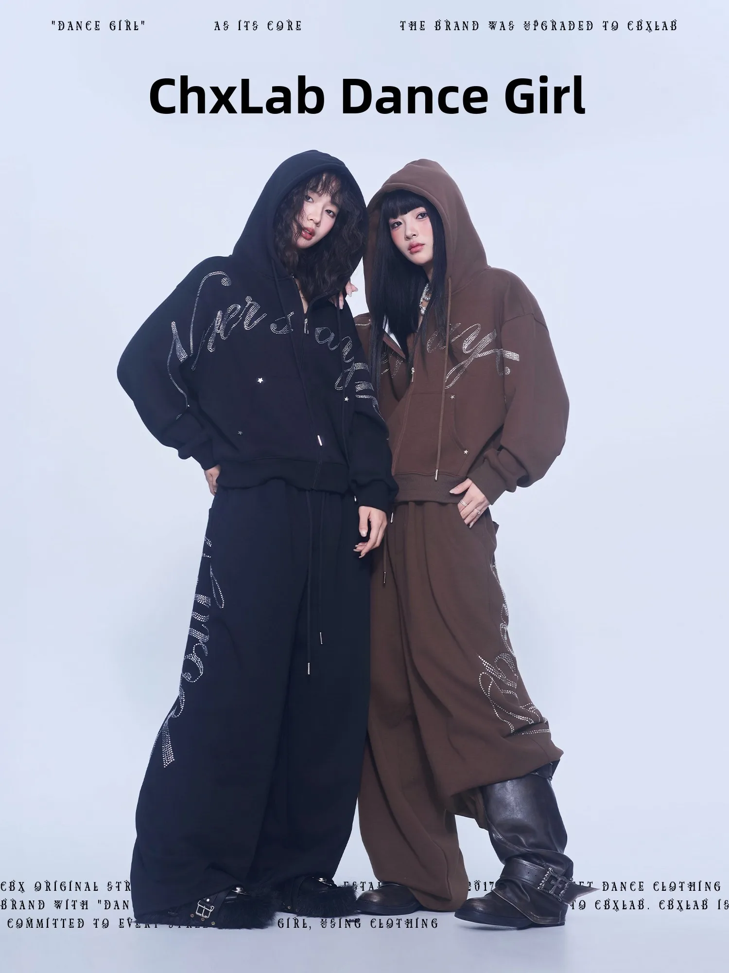 CBXLAB Street Dance Trendy Brand Glitter Heart Rhinestone Set Autumn Winter Fleece Lined Hooded Jacket Hip Hop Pants view 3