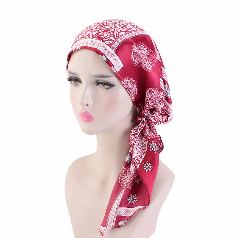 Donne musulmane Pre-legato Cappello Interno Hijab Cancro Chemio Cap Fiore Stampa Turbante Copricapi Bandana Coda Lunga Foulard Berretti Cofano