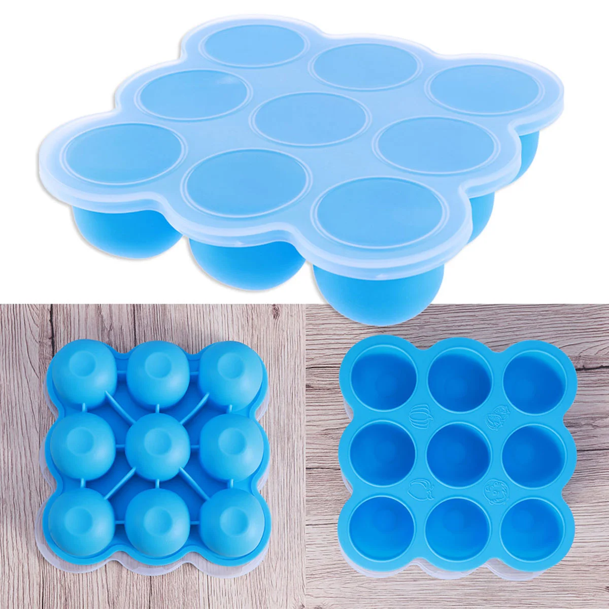 Safety Silicone Portabable Baby Food Container Infant 9 Lattice Jelly Storage Box Freezer Tray Crisper (Sky-blue)