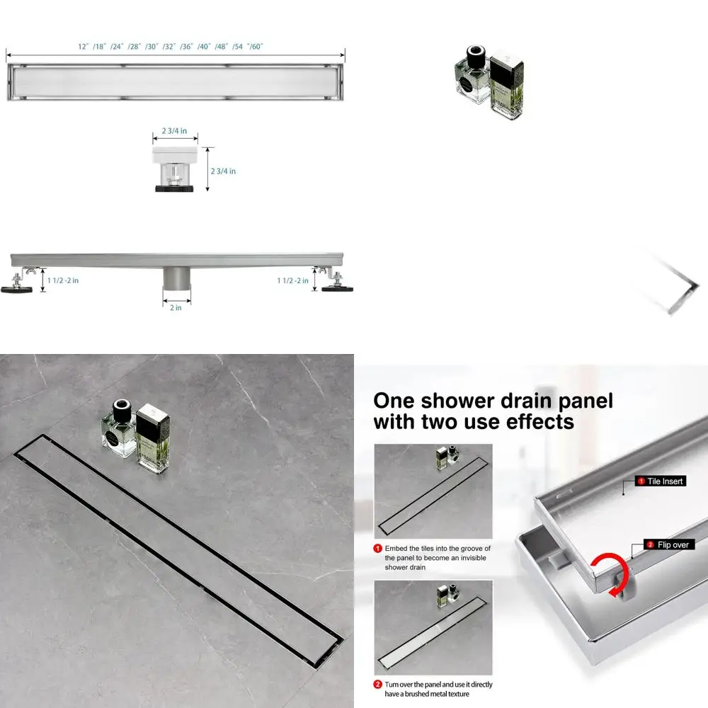 

40 2-in-1 Flat & Tile Insert Linear Shower Drain in Brushed Stainless Steel with Hair Catcher and Adjustable Feet