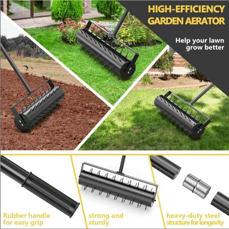 Updated 22 Inch Lawn Aerator, Heavy Duty Manual Rolling Garden Aerator, 55 Inch Stainless Steel Handle for Lawn Care - Black