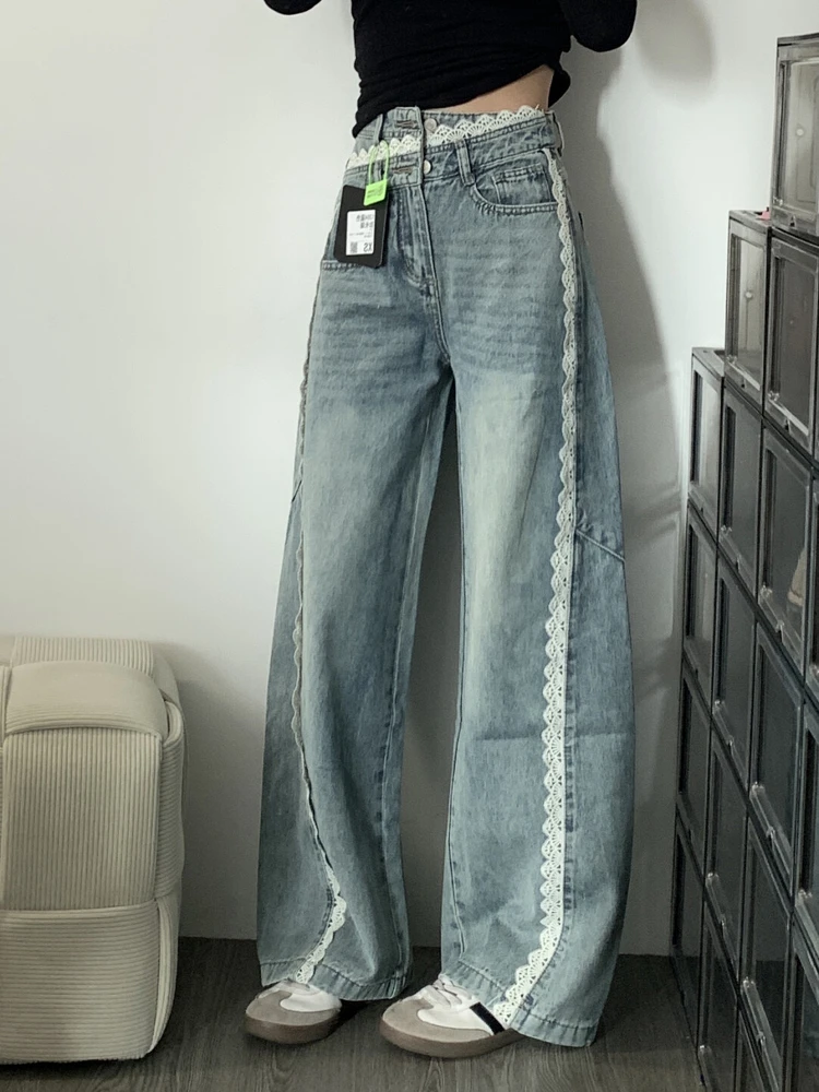 

Синие джинсовые брюки с кружевной отделкой в стиле ретро, женские новые летние брюки 2025, длинные брюки с кисточками ивы, широкие брюки с высокой талией...