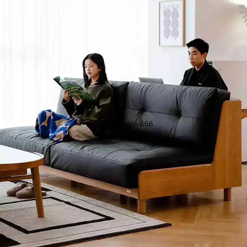 Extended leather sofa goes to the living room Japanese-style solid wood straight-row sofa Cherry wood sofa