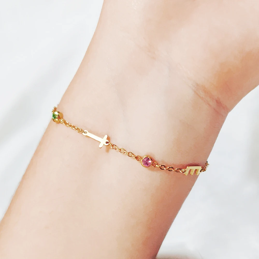 eManco Personalized Birthstone Name Custom Bracelet Stainless Steel Chain Monogrammed 12 Color Charm Bracelet