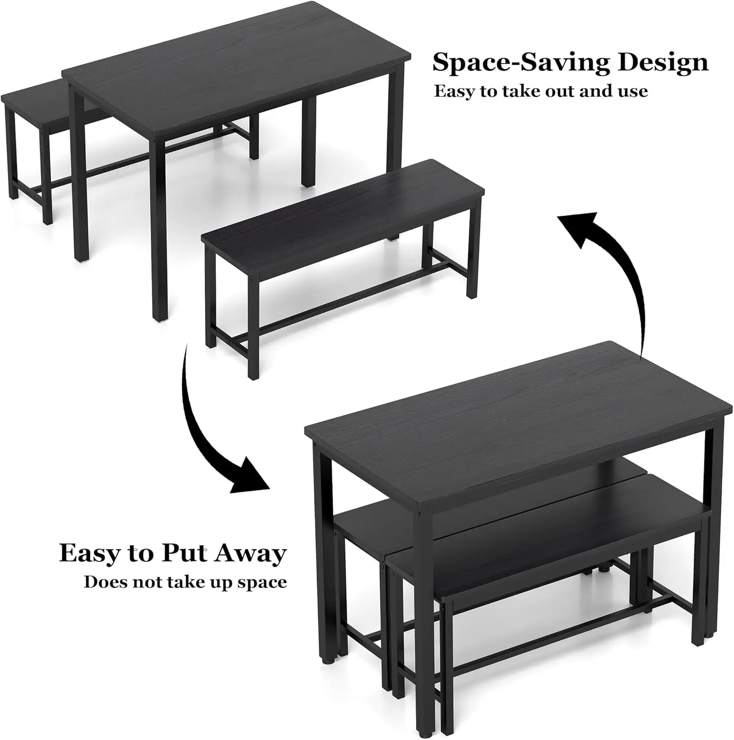 Dining Table Set for 4, Kitchen Room Table Set with 2 Benches, 3-Piece Dining Chairs Set for Breakfast Nook, Black