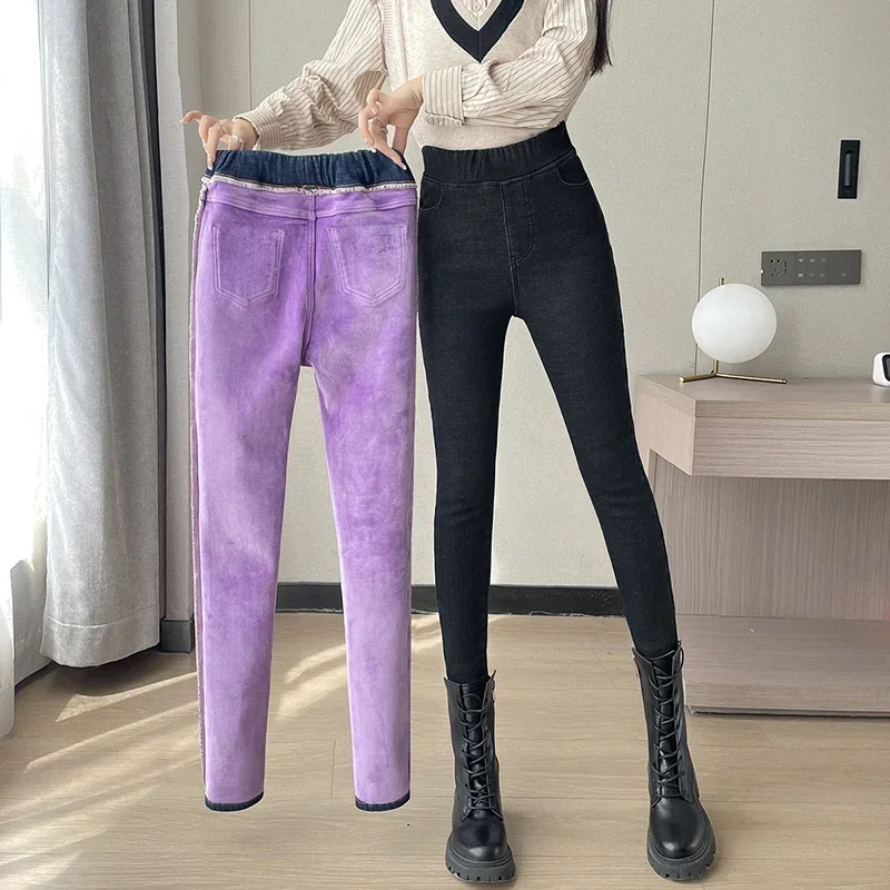 Autumn Winter Women\'s Fleece Thickened Jeans Elastic High Waist Skinny Fashion Korean Ankle Length Pencil Pants Black Blue