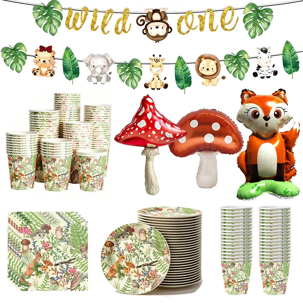 Woodland Wild One Animal Tableware Set Paper Plates Cups Napkins Fox Mushroom Balloon Forest First Birthday Party Decorations