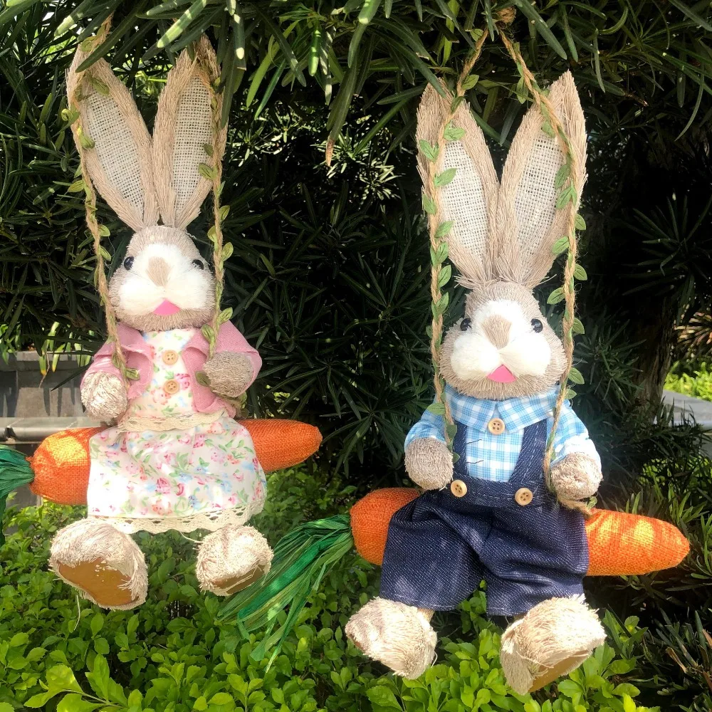 

Fashion 35cm Bunny Garden Statues DIY Handmade Rabbit Decoration Photography Props Hand Weave Pendant Swing Rabbit Home